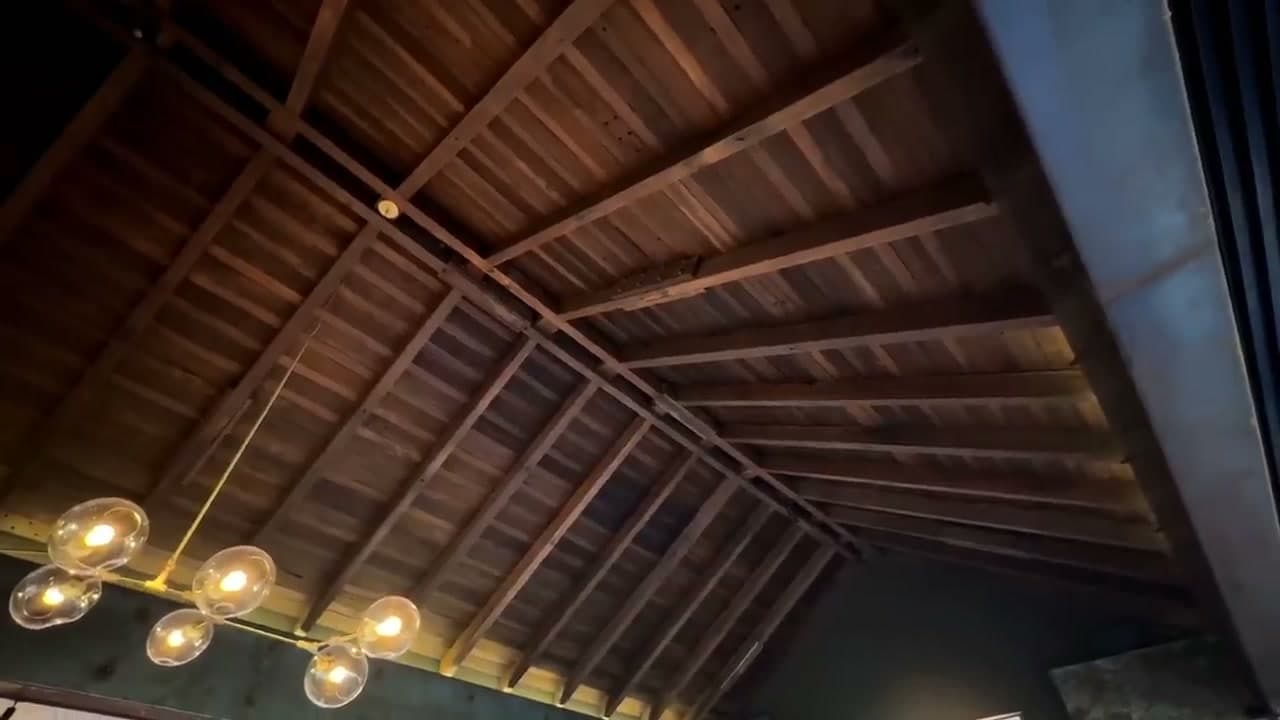 Techo catedral en madera con lámpara escultórica